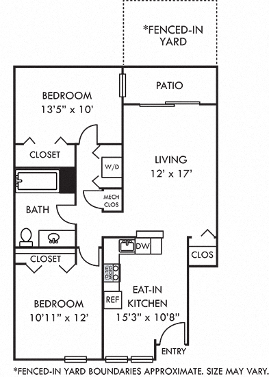 Floor plan for 2 beds, 1 bath, 924 sqft